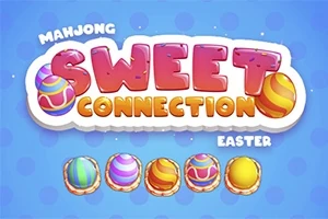 Farverig grafik med teksten Sweet Connection, prydet med påskeæg på en blå baggrund