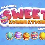 Farverig grafik med teksten Sweet Connection, prydet med påskeæg på en blå baggrund