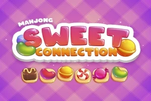 Farverigt logo med teksten Sweet Connection på en lilla ternet baggrund og ikoniske søde sager som kager og slik nedenunder