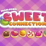 Farverigt logo med teksten Sweet Connection på en lilla ternet baggrund og ikoniske søde sager som kager og slik nedenunder