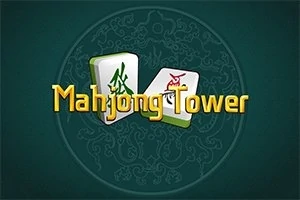 Mahjong-brikker med kinesiske symboler og teksten Mahjong Tower på en mørkegrøn baggrund