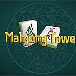 Mahjong-brikker med kinesiske symboler og teksten Mahjong Tower på en mørkegrøn baggrund