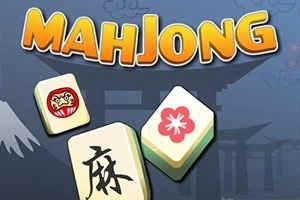 Tre Mahjong-brikker med forskellige symboler foran en blå baggrund med teksten MAHJONG øverst
