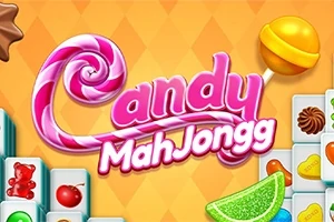 Sliktema med lyserød skrift Candy MahJongg, omgivet af spilbrikker og forskelligt farvet slik