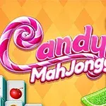 Sliktema med lyserød skrift Candy MahJongg, omgivet af spilbrikker og forskelligt farvet slik