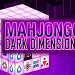 Et neonoplyst 3D-kube med forskellige symboler og teksten Mahjongg Dark Dimensions i lilla toner