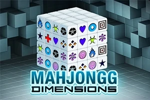 En kube sammensat af farverige symboler står foran en baggrund af gråblå 3D-kvadrater med teksten Mahjongg Dimensions nedenfor