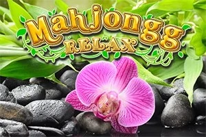 Teksten Mahjongg Relax står over en baggrund af sorte sten og en lyserød orkidé med grønne blade