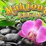 Teksten Mahjongg Relax står over en baggrund af sorte sten og en lyserød orkidé med grønne blade