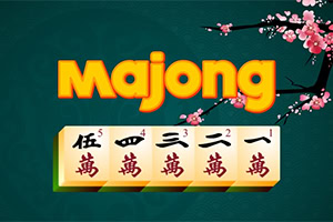 Opsætning med ordet Majong i gule bogstaver, mahjong-fliser med kinesiske tegn, og grene med lyserøde blomster