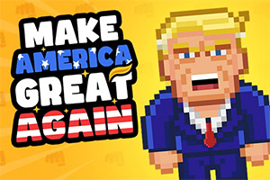 Pixelkunst-illustration af en person i blå jakkesæt ved siden af teksten MAKE AMERICA GREAT AGAIN på en gul baggrund