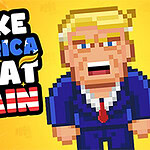 Pixelkunst-illustration af en person i blå jakkesæt ved siden af teksten MAKE AMERICA GREAT AGAIN på en gul baggrund