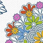 Blomstertegning med farverige blomster og blade på hvid baggrund