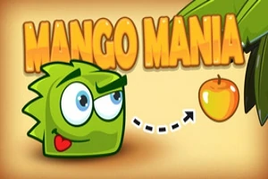 Tegnet af en grøn, pigget karakter, der kigger på en mangofrugt, med teksten Mango Mania i baggrunden