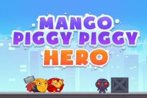 To an tegneseriebybillede med teksten MANGO PIGGY PIGGY HERO, vist i pastelfarver, to figurer der ligner dyr iført superheltekostumer til venstre, og en mindre figur i mørkt kostume til højre ved siden af en kasse