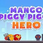 To an tegneseriebybillede med teksten MANGO PIGGY PIGGY HERO, vist i pastelfarver, to figurer der ligner dyr iført superheltekostumer til venstre, og en mindre figur i mørkt kostume til højre ved siden af en kasse