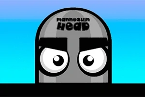 Tegning af en rund, grå figur med store, hvide, intense øjne og teksten mannequin head på panden mod en blå baggrund
