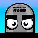 Tegning af en rund, grå figur med store, hvide, intense øjne og teksten mannequin head på panden mod en blå baggrund