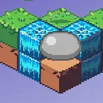 En isometrisk, pixeleret blok med græs, vandfald og en stor sten på jordbaggrund