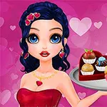 Tegnet pige med mørkt hår, et rødt hjertehalskæde og hjertepynt, der serverer cupcakes og chokolade på en bakke med en pink baggrund fyldt med hjerter