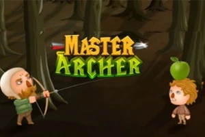 En tegneseriefigur skyder med bue mod en anden figur med et æble på hovedet i en skov, med teksten Master Archer i midten