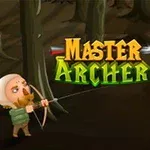En tegneseriefigur skyder med bue mod en anden figur med et æble på hovedet i en skov, med teksten Master Archer i midten
