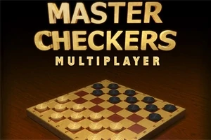 Brætspil med et ternet mønster og sorte og hvide brikker under teksten Master Checkers Multiplayer