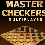 Brætspil med et ternet mønster og sorte og hvide brikker under teksten Master Checkers Multiplayer