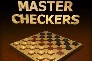 Et ternet skakbræt med hvide og sorte brikker og ordene Master Checkers i guldbogstaver øverst