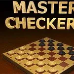 Et ternet skakbræt med hvide og sorte brikker og ordene Master Checkers i guldbogstaver øverst