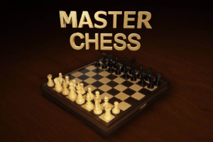 Skakbræt med opstillet brikker i en 3D-grafik med teksten MASTER CHESS ovenfor