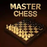 Skakbræt med opstillet brikker i en 3D-grafik med teksten MASTER CHESS ovenfor