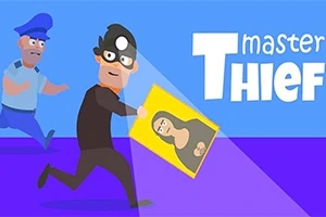 En tegneserieagtig tyv er ved at stjæle et maleri, mens en politimand forfølger ham, med teksten master Thief i baggrunden