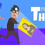 En tegneserieagtig tyv er ved at stjæle et maleri, mens en politimand forfølger ham, med teksten master Thief i baggrunden