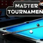 Billardbord med kugler og en kø, samt teksten Master Tournament i baggrunden