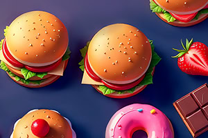 Farverigt mønster på blå baggrund med to burgere, en donut med glasur, et lille kagebrød, et jordbær og en chokoladebar set oppefra
