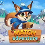En tegneserie-ræv med blåt halstørklæde og hat står i et snedækket landskab med træer og bjerge i baggrunden, holder et kort og står over ordene Match Adventure