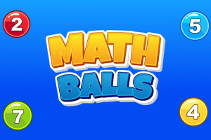 Fire farvede bolde med tallene 2, 5, 7, og 4 omkranser teksten Math Balls på en blå baggrund