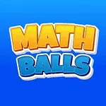 Fire farvede bolde med tallene 2, 5, 7, og 4 omkranser teksten Math Balls på en blå baggrund