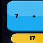 Blå rektangel med matematikopgaven 7 + 14 og svaret 17 i en gul bjælke nedenunder