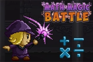 En figur i lilla troldmandsdragt kaster en trylledrik, omgivet af farverige matematiksymboler og teksten Math Magic Battle