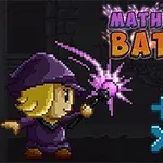 En figur i lilla troldmandsdragt kaster en trylledrik, omgivet af farverige matematiksymboler og teksten Math Magic Battle
