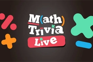 Farverig tekst med ordene Math Trivia Live i midten omgivet af matematiske symboler på en mørk baggrund