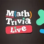 Farverig tekst med ordene Math Trivia Live i midten omgivet af matematiske symboler på en mørk baggrund