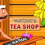 En tegneseriefigur med overskæg står i en tebutik ved en disk, mens et skilt med teksten Mathais Tea Shop vises på væggen; der hænger en buket gule blomster ved siden af skiltet