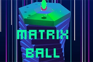 En grøn og lilla tårnlignende struktur med et lysende element øverst og teksten Matrix Ball i blå skrift
