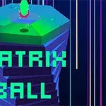 En grøn og lilla tårnlignende struktur med et lysende element øverst og teksten Matrix Ball i blå skrift