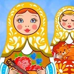 To traditionelle russiske matrjosjka-dukker med blomster- og kattemotiver på en blå baggrund