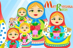 Farverige russiske babusjka-dukker med blomsterdekorationer og teksten Matryoshka Rush i baggrunden