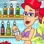 Person med rødt hår i lilla bikini og underrum, åbner en dåse i en barscene, mens en grøn person står tæt bagved
